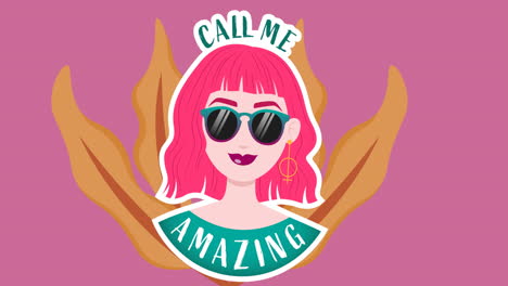 animation of call me amazing text on woman wearing sunglasses, on purple background