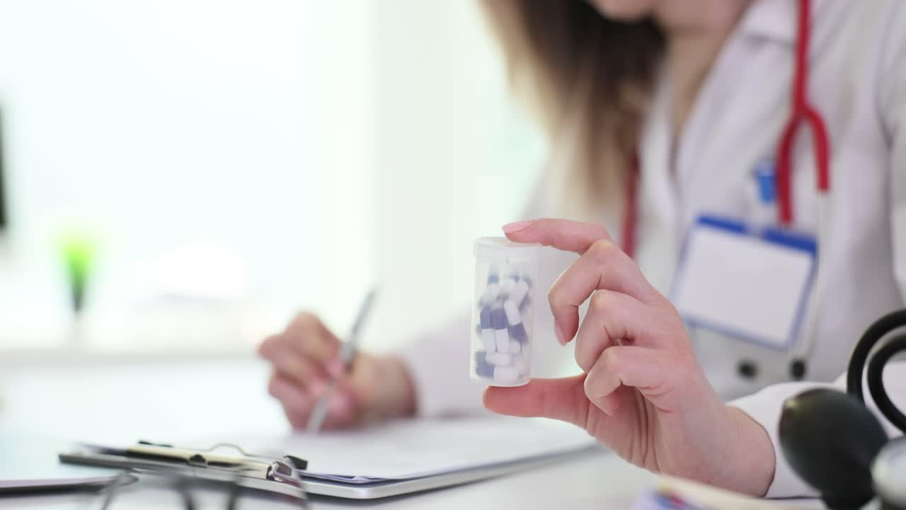 Doctor Holding Pills in Office