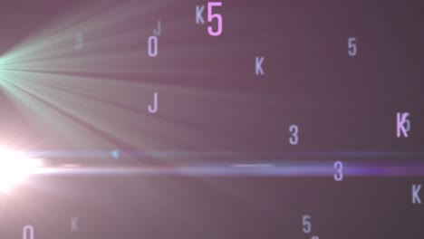 Animation-of-changing-pink-and-blue-numbers-and-letters-with-light-beams-on-black-background