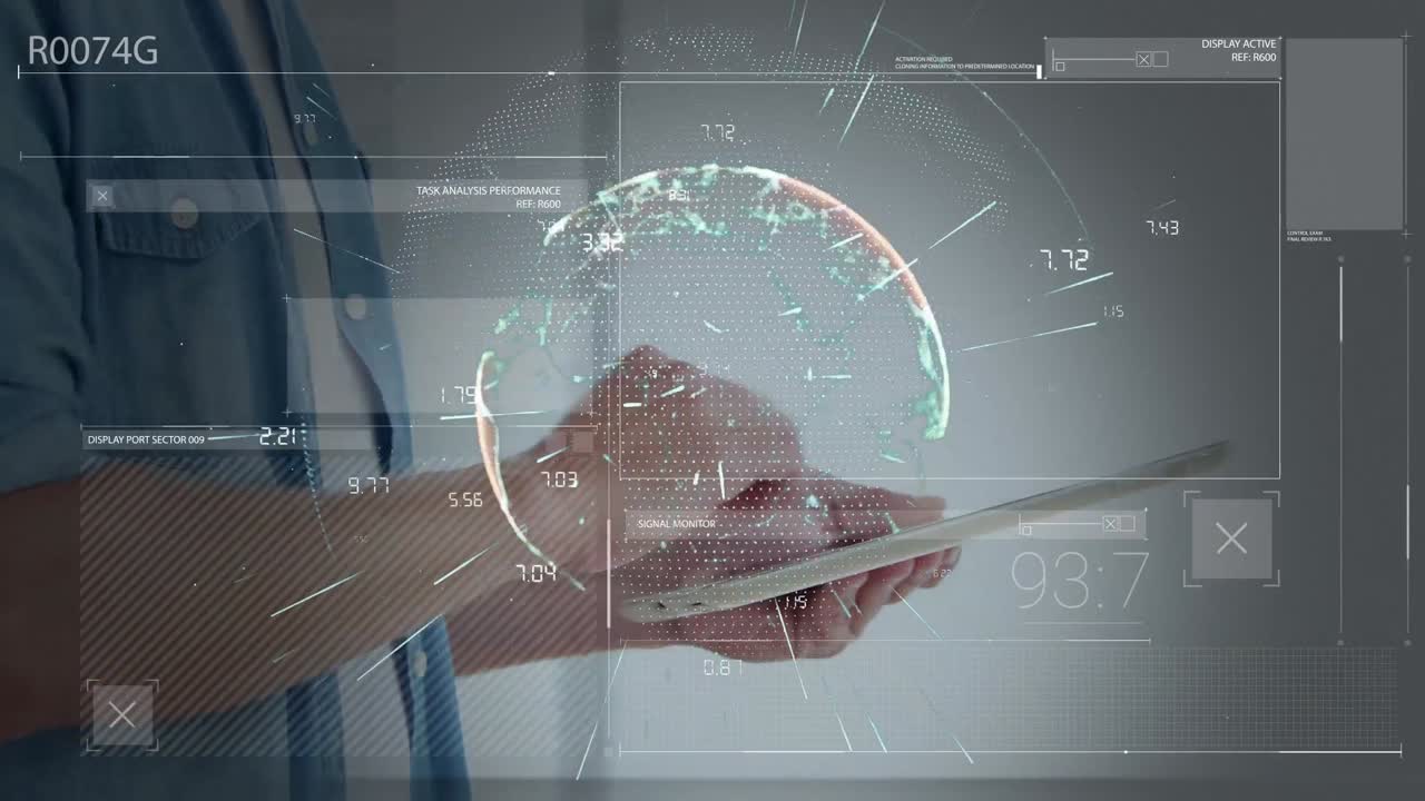 animación del globo y los números sobre las manos de un hombre caucásico trabajando en una tableta