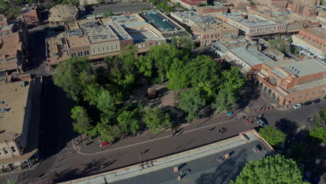 Aerial-overhead-circling-Plaza-in-downtown-Santa-Fe-New-Mexico