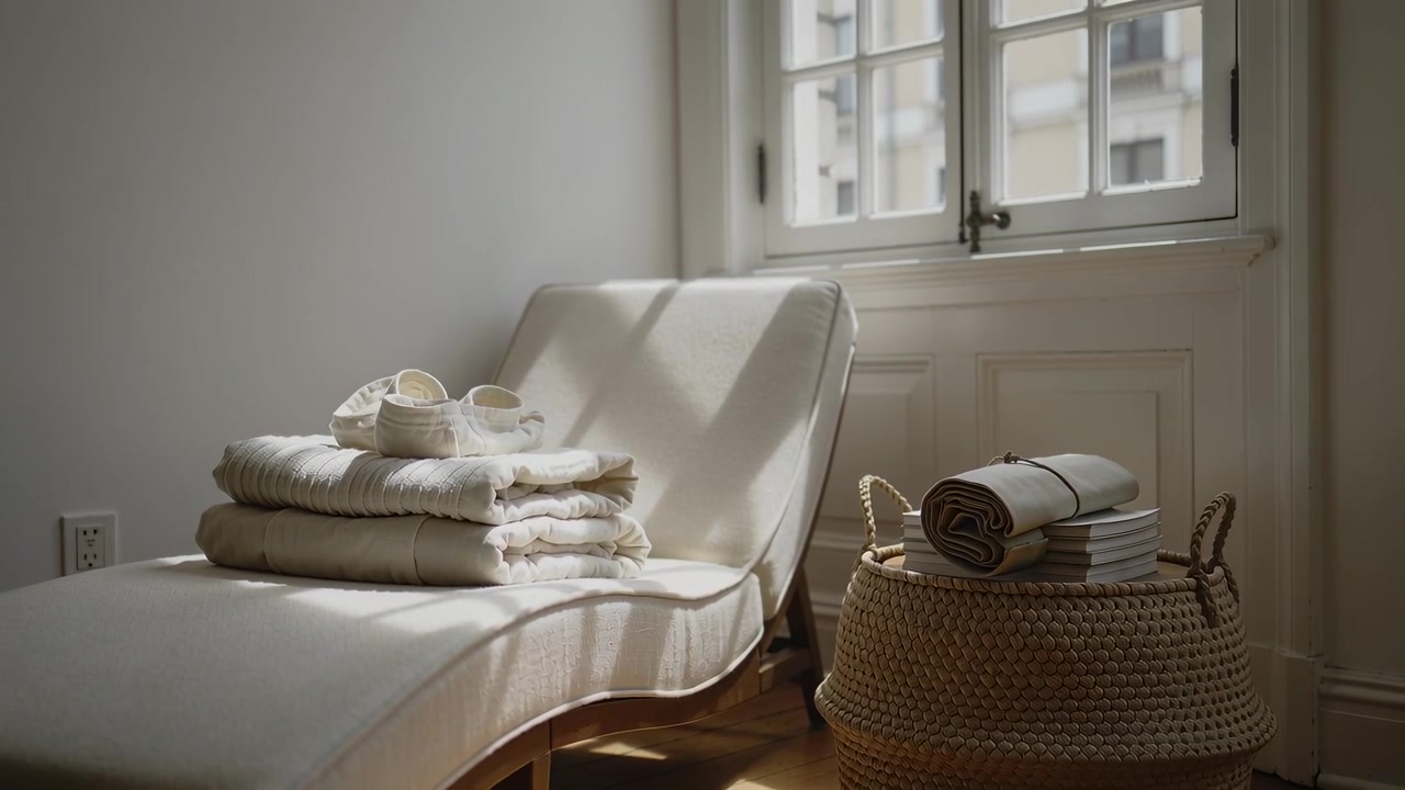 Shifting camera showing cream chaise with slippers, wicker basket at home, showing changing light