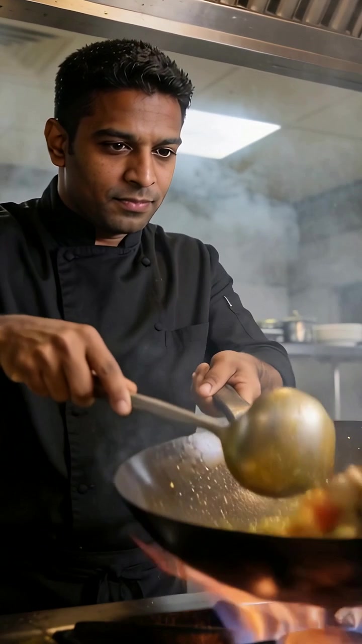 Video verticale: Chef in giacca nera mescola e solleva il wok in cucina mentre la fiamma divampa, scottando il cibo
