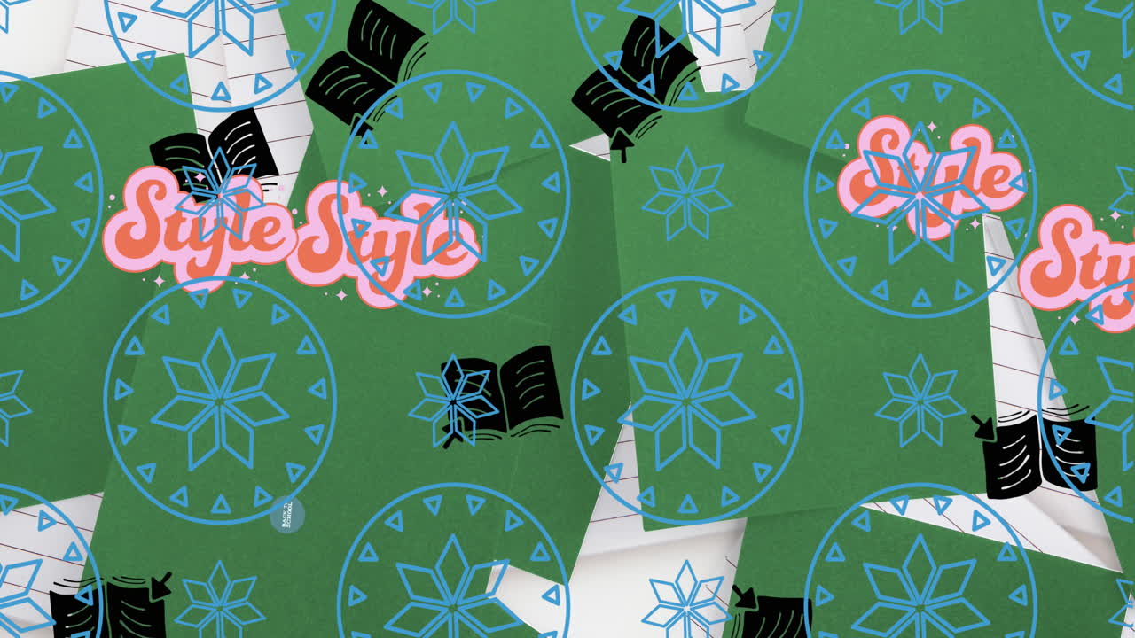 초록색 배경에 서클, 책, 스타일 및 학교로 돌아가는 텍스트의 꽃 패턴의 애니메이션