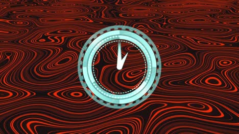 Animation-of-clock-moving-fast-over-red-liquid-background