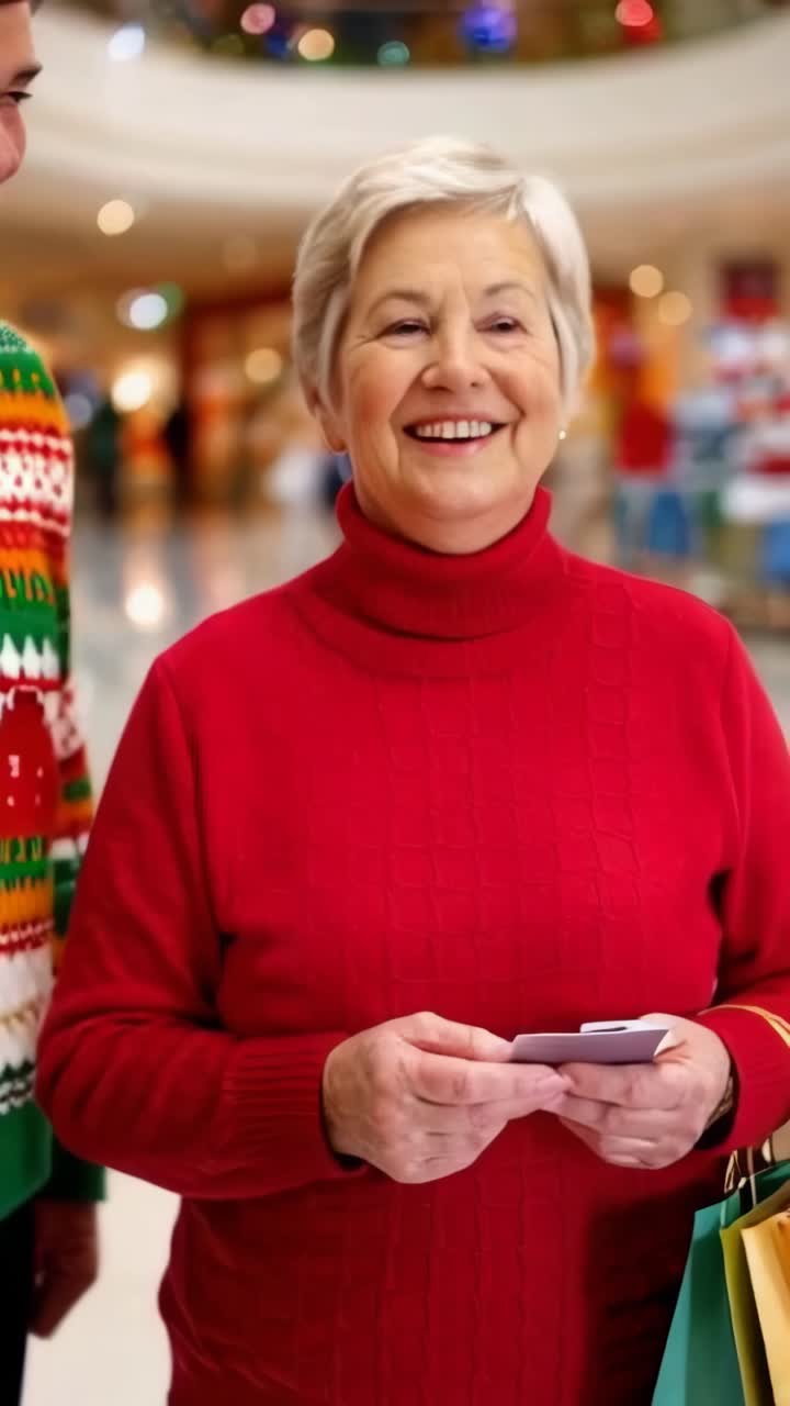 Smiling senior woman holding shopping paper bags in a shopping mall
