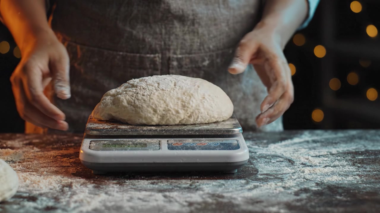 Carefully Measuring Dough: A Step-by-Step Guide to Weighing and Preparing Ingredients for Perfect Baking with a Digital Scale in a Warm Kitchen Atmosphere