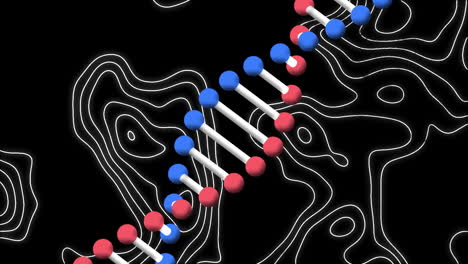 animación de una cadena de adn giratoria y líneas blancas en movimiento sobre un fondo negro