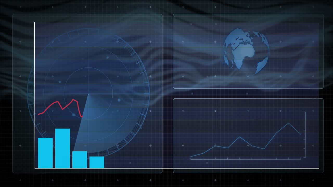 Animation of digital data processing over network of connections and globe
