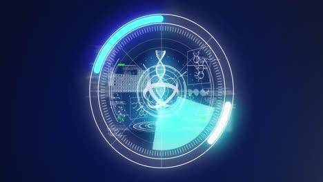animation of scopes scanning, dna strand and data processing on digital screen