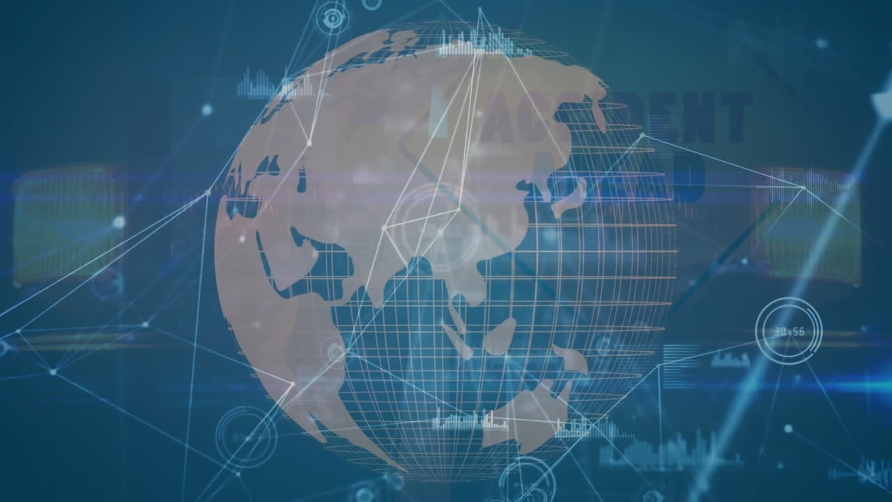 파란색 바탕에 회전하는 지구상에서 연결 네트워크와 데이터 처리의 애니메이션