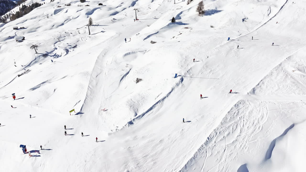 Aerial drone view of the Gardena Pass high mountain pass in the Dolomites, Italy