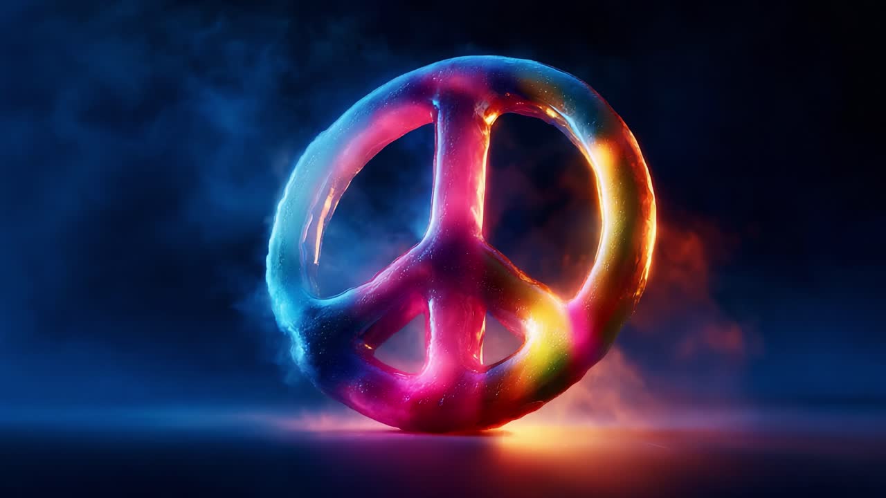 A Vibrant Peace Symbol: A Colorful Representation of Peace and Harmony, Glowing in a Mystical Atmosphere with Ethereal Smoke and Captivating Lighting Effects
