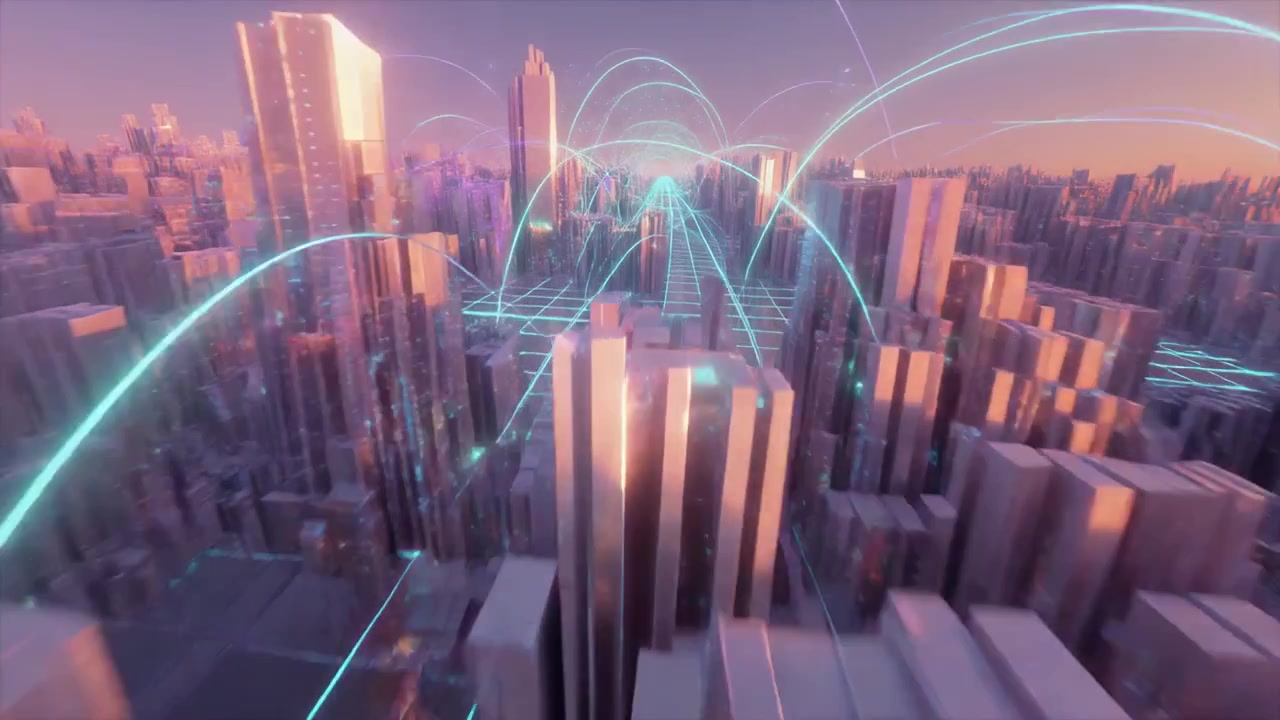 Digital Cityscape with Glowing Data Connections and Grid Network