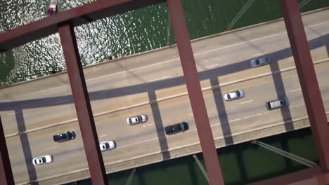 top down aerial view of the pennybacker bridge in austin, texas