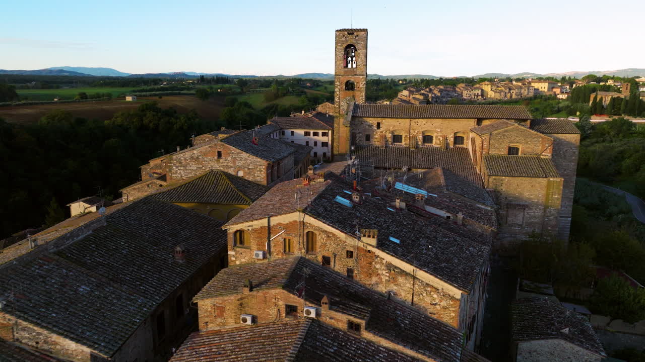 Colle di Val d'Elsa Medieval Town At Sunrise In The Province of Siena, Tuscany, Italy. Aerial Drone Shot