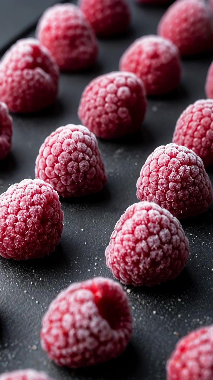Nahaufnahme-Stillleben von gefrorenen Himbeeren, die in ordentlichen diagonalen Reihen auf einer matten Holzkohleplatte liegen, mit sichtbarem Frost, lebendigen Rottönen, weichem gerichteten Licht und sauberem Studio-Kontrast.