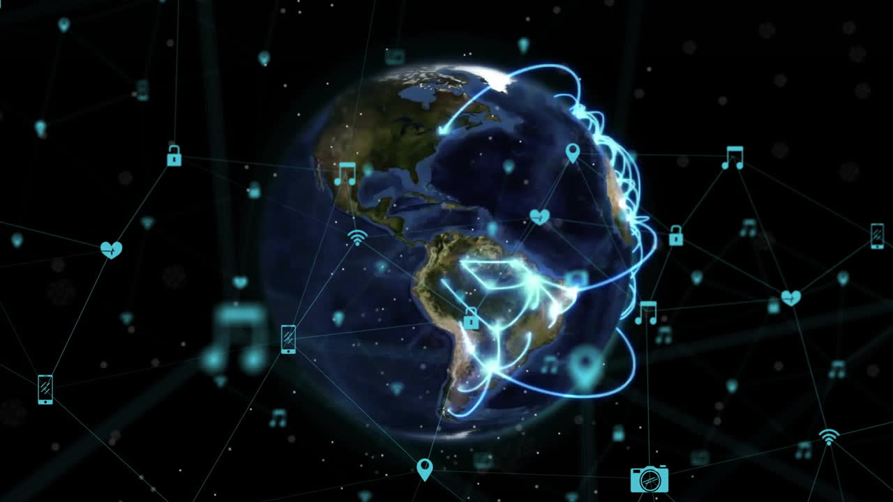 Animation of global communication network with digital connections and icons around Earth