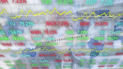 Animation-of-financial-data-processing-over-aeroplane-and-world-map