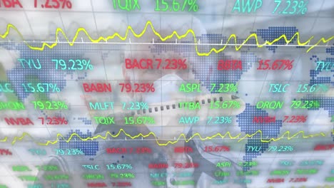 Animación-Del-Procesamiento-De-Datos-Financieros-Sobre-Un-Avión-Y-Un-Mapa-Mundial.