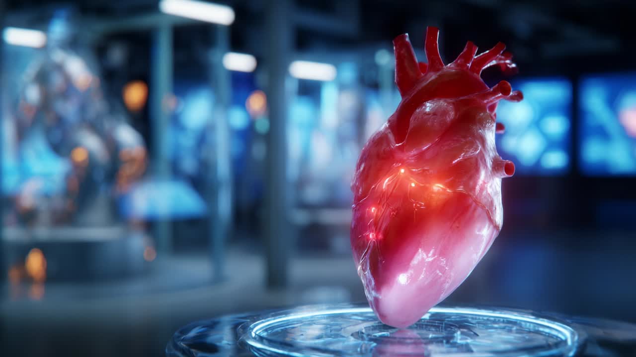 A Stunning 3D Rendering of a Human Heart, Showcasing Its Intricate Anatomy and Vibrant Colors, Set Against a Futuristic Background in a Modern Laboratory Environment