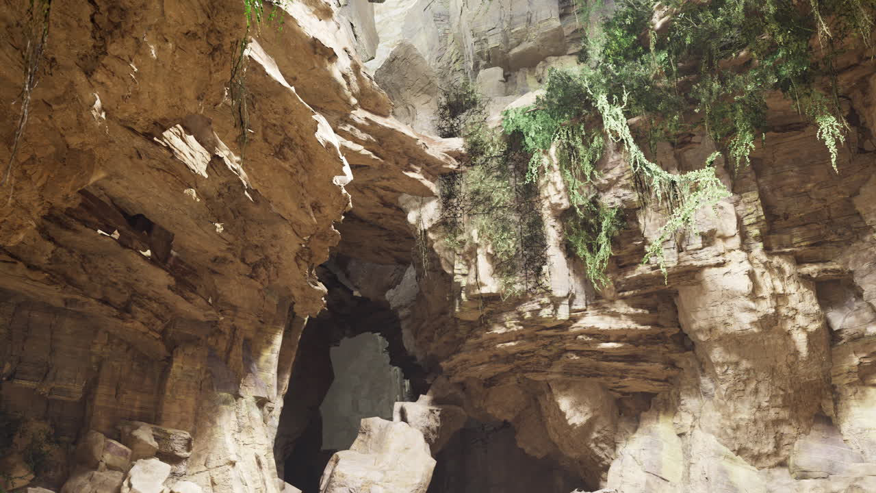 Stunning rock formations and natural vegetation in an ancient cave setting