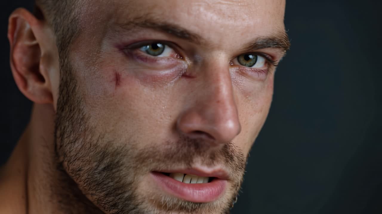 Lutador Cansado Olha com os Olhos Cerrados. Sangue Escorre Pela Bochecha, Nariz e Têmpora. Fundo Escuro Enfatiza a Intensidade Bruta e Emocional. Ideal Para Conteúdo com Temas de Esportes, Combate ou Resiliência.