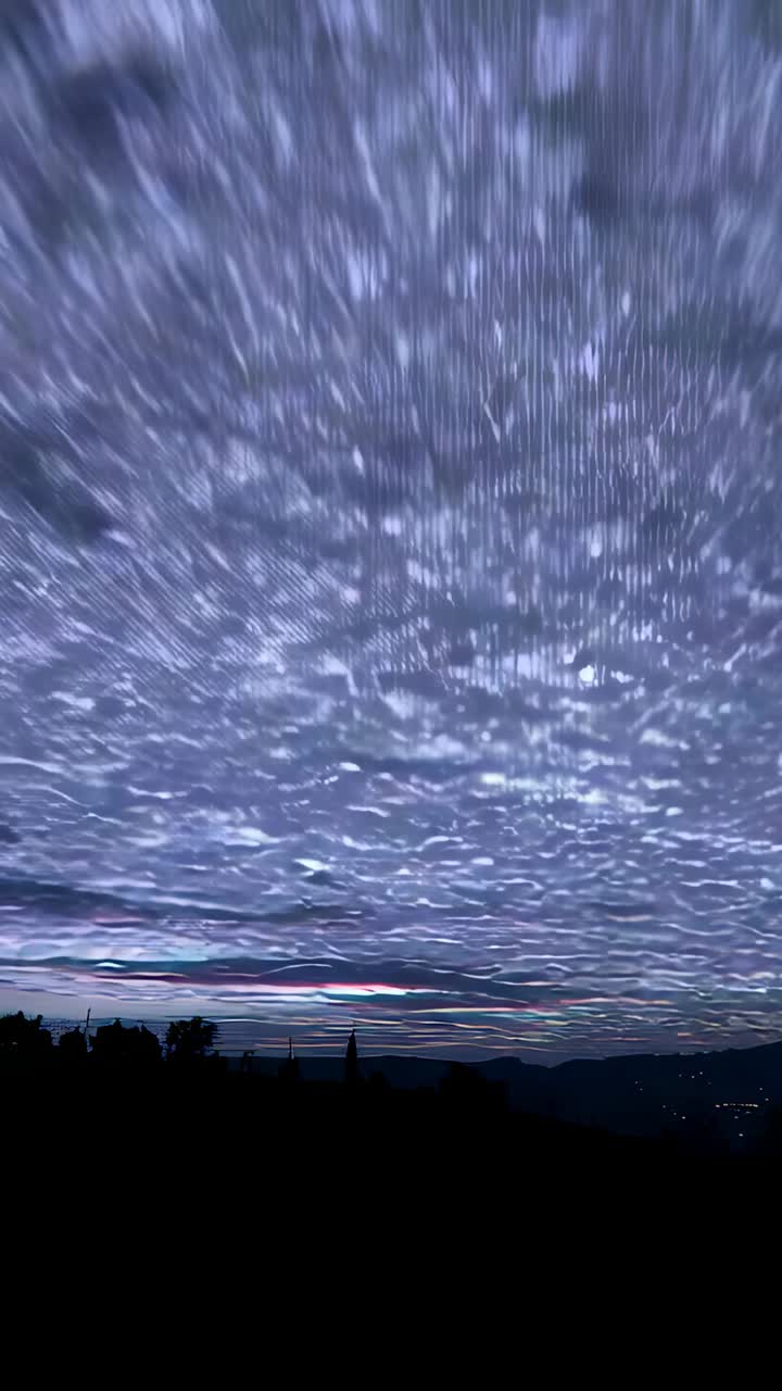 Vertical video: Drifting overcast clouds rolling over treeline at twilight, driven by strong breeze