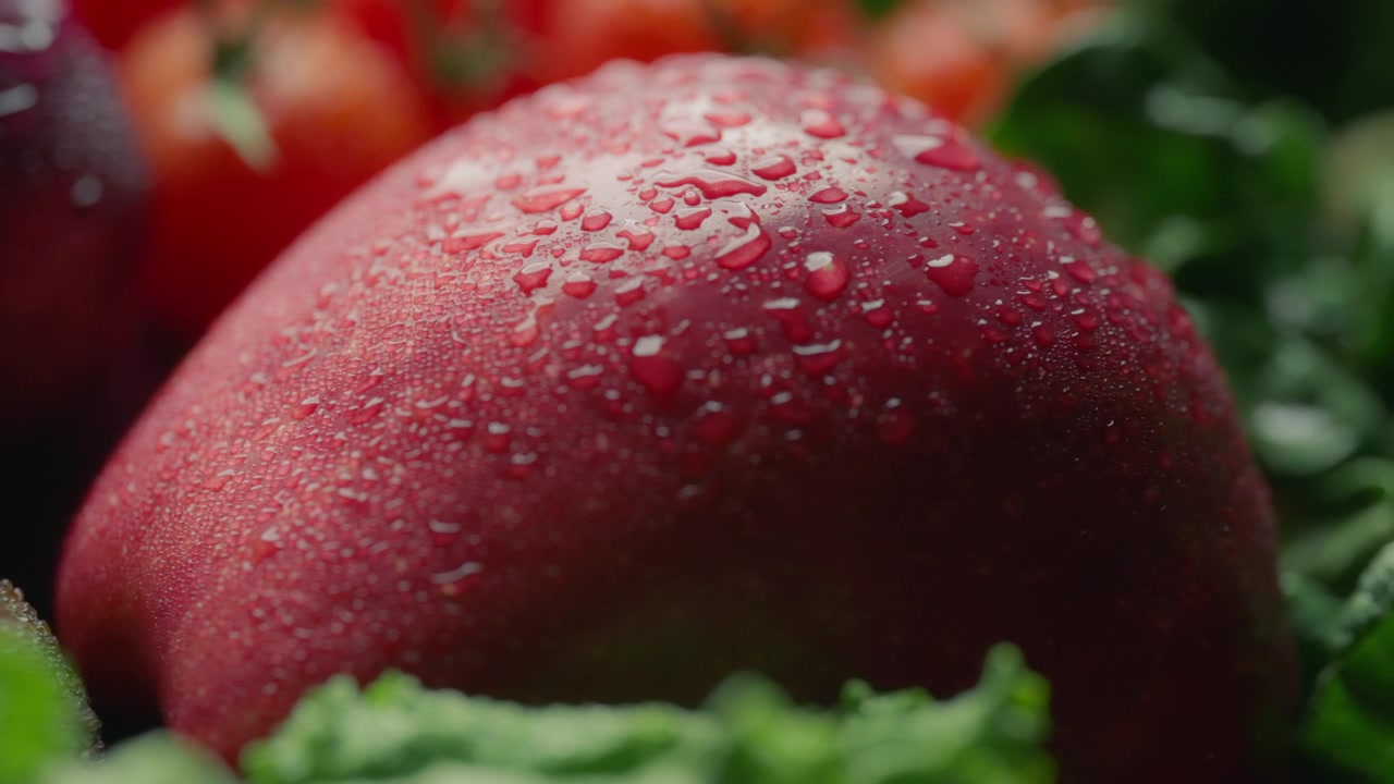 Close up of red apple covered in water drops. Fresh fruits and vegetables