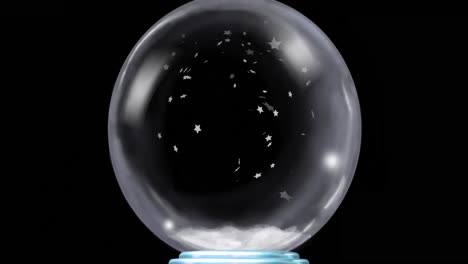 animation of christmas snow globe with snow falling on black background