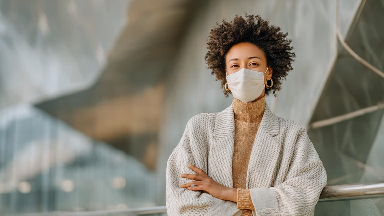 Confident Young Woman Wearing a Mask Poses Thoughtfully Against Modern Architectural Background, Emphasizing Safety and Style in Contemporary Urban Environment