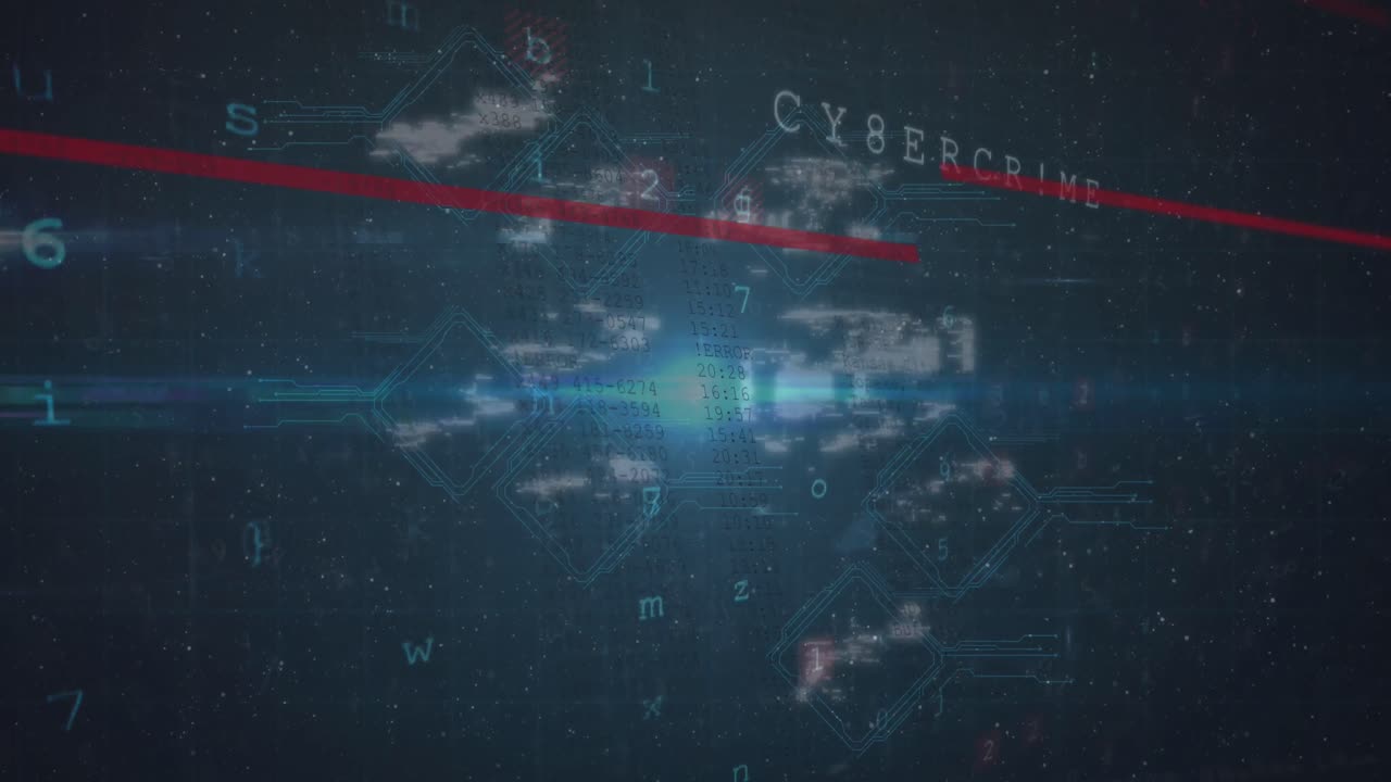 Animation of digital icons and cyber security data processing against blue light spot