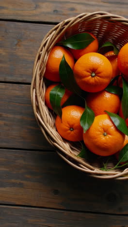 fresh oranges in a wicker basket on a wooden table