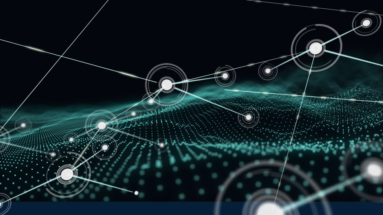 빛나는 초록색 메쉬 위에 아이콘으로 연결된 네트워크의 애니메이션