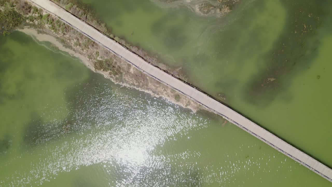 정오 에 물결 이 높을 때 습지 를 가로지르는 산책로