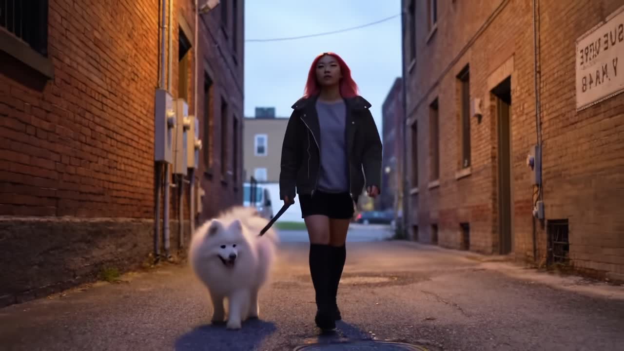 A Young Woman with Pink Hair Enjoys an Evening Stroll in an Urban Alley, Guided by Her Playful Samoyed Dog Under the Soft Glow of Street Lights