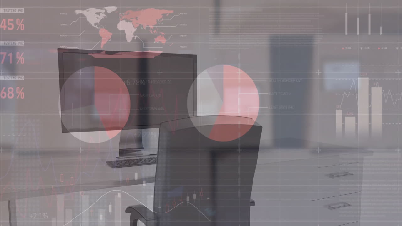 animación del procesamiento de datos financieros sobre un escritorio con una computadora sobre un fondo blanco