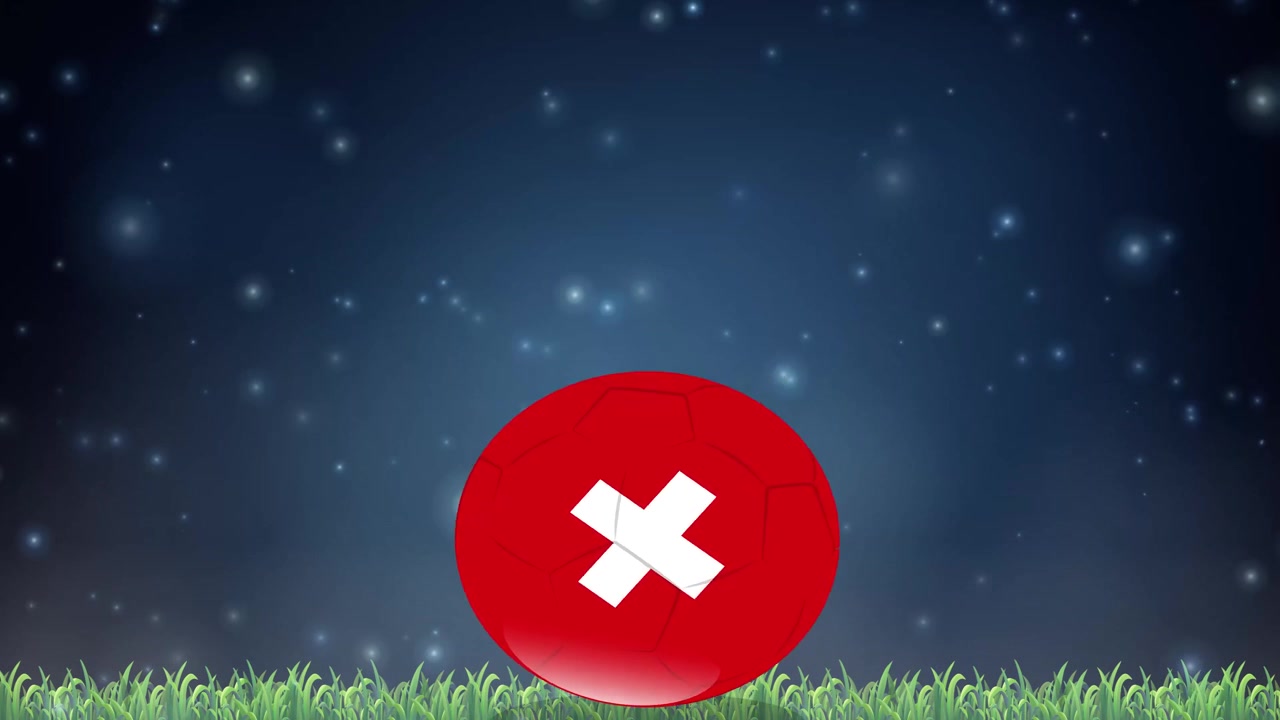 Animated red soccer ball with white cross bounces across grass under a starry night sky.