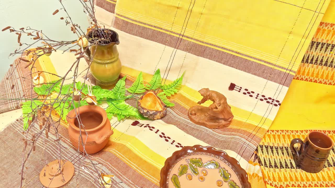 Rustic table with pottery and woven textiles for a cozy, nostalgic vibe