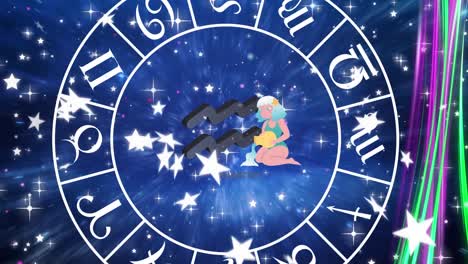 Animation-of-spinning-star-sign-wheel-with-aquarius-sign-and-stars
