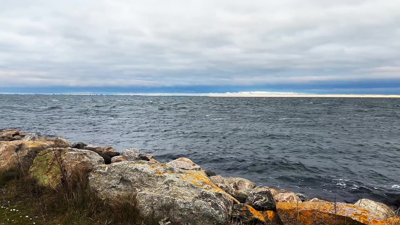 Inquadratura statica dello stretto di Öresund dalla costa svedese. Rocce coperte di licheni incorniciano acque scure e agitate sotto un cielo coperto, con la costa danese visibile all'orizzonte.