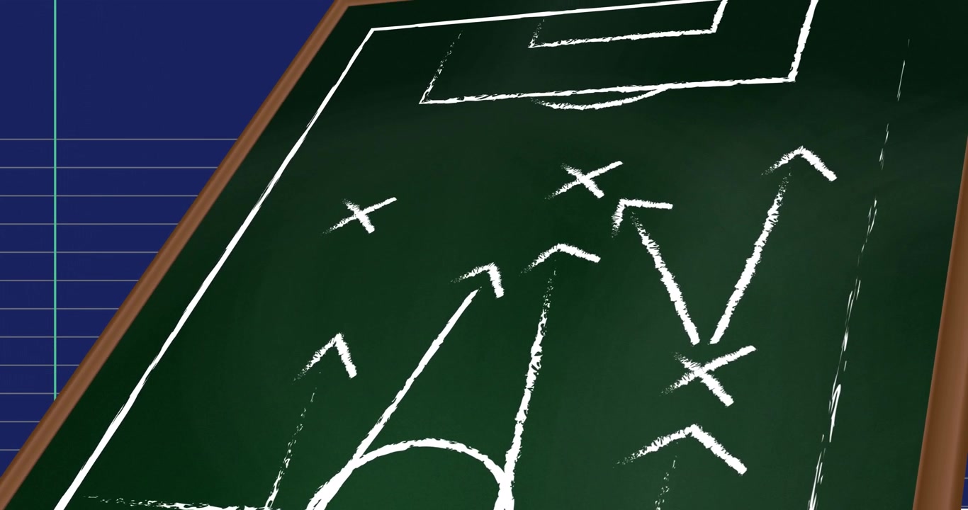 Fodbold taktisk strategi tegnet på en tavle