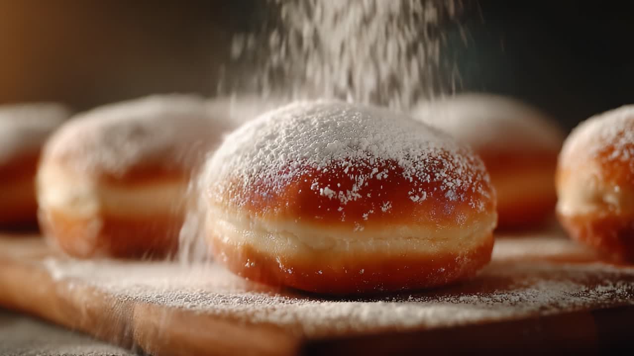 Köstlich bestäubt: Fesselnde Aufnahmen von Puderzucker, der über frisch zubereitete Donuts gestreut wird, was ein perfekt genussvolles Geschmackserlebnis darstellt.
