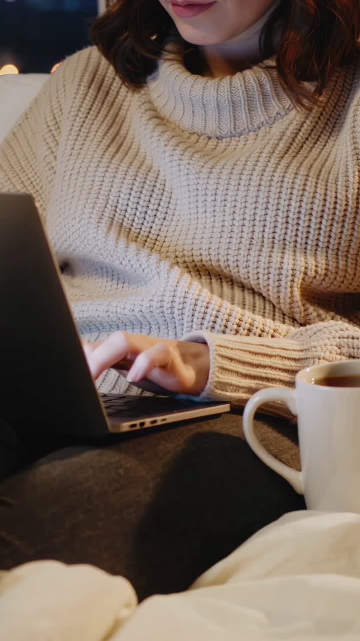 Vertical video: Typing woman wearing turtleneck studying on couch at night with laptop and mug