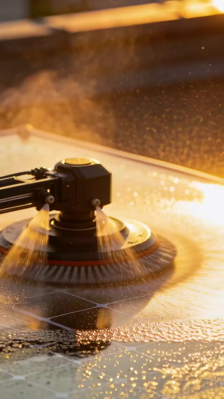 Vertical video: Powering dual-disc head spinning, spraying water on sunlit terrace, removing grime