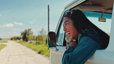 Woman-yell,-road-trip-and-car-window-with-travel