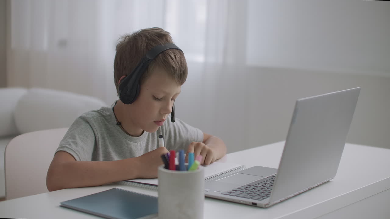 little boy is sitting on couch at home and using video call for communicating with friends by laptop self-isolation