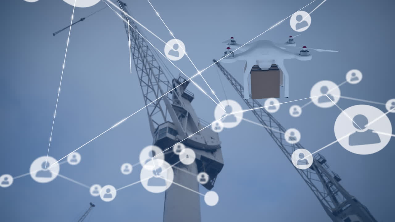 Animation of network of connections with icons over drone with parcel and shipyard