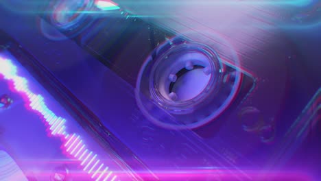 close-up of a vintage audio cassette with neon colors and distortion effects