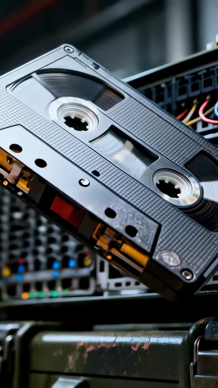 Vertikal video: Starter, roterer sort kassette, der viser spoler ved udstyrsreol, der viser dele